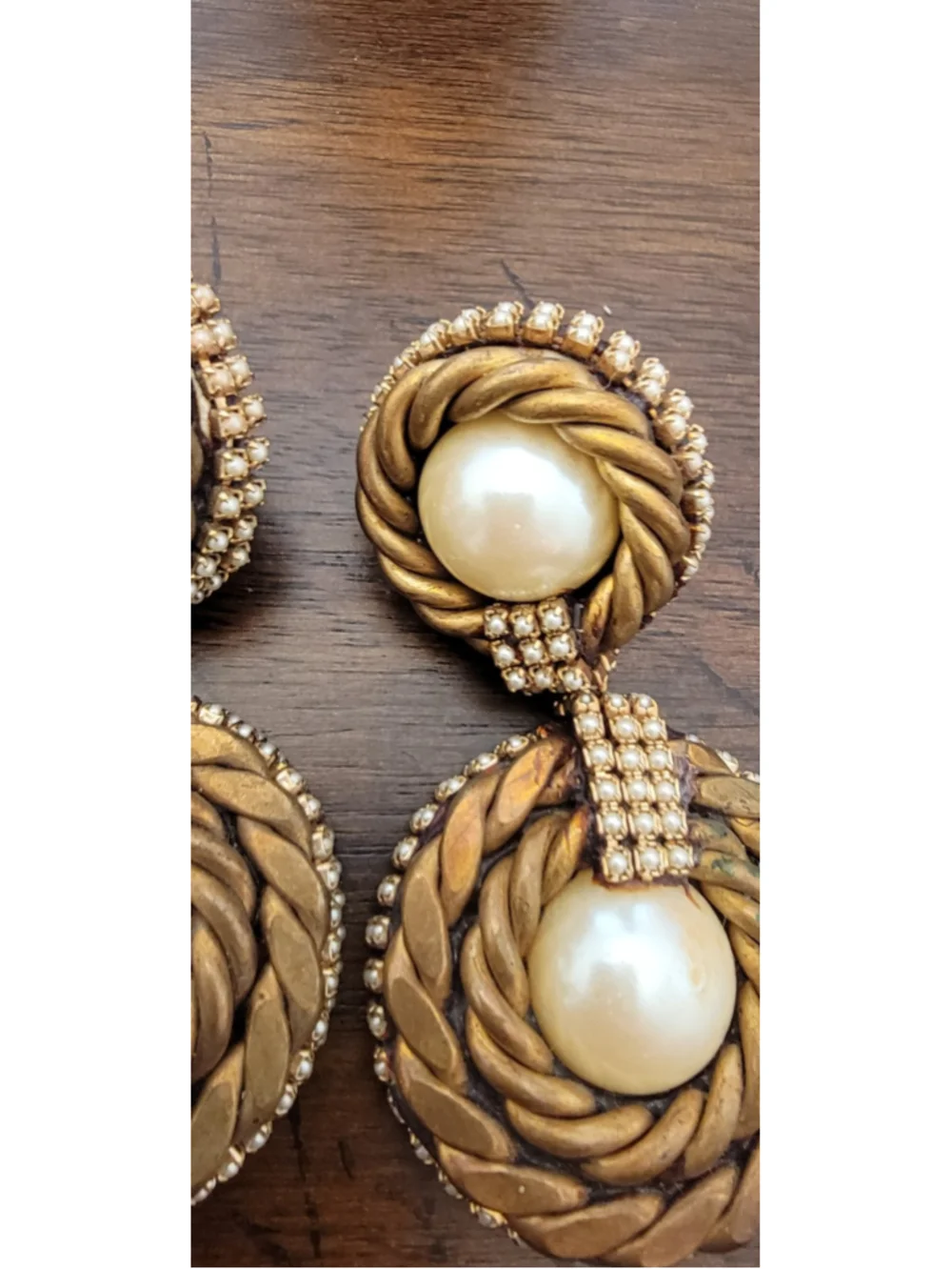 Vintage Faux Pearl Rhinestone Rope Swirl Clip On Statement Earrings Gold Tone